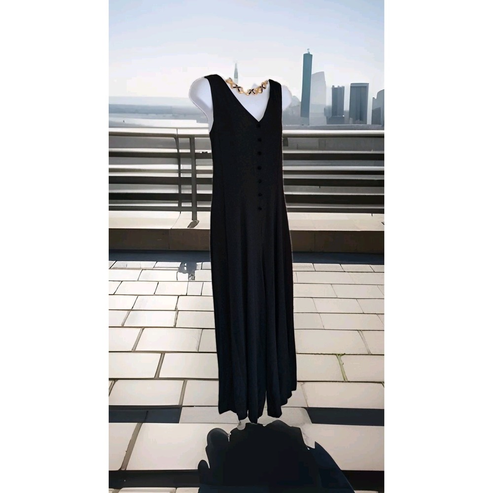 Y2K Black Wide Leg Jumpsuit 12 V-neck Black Velvet Buttons 100% Rayon USA Made